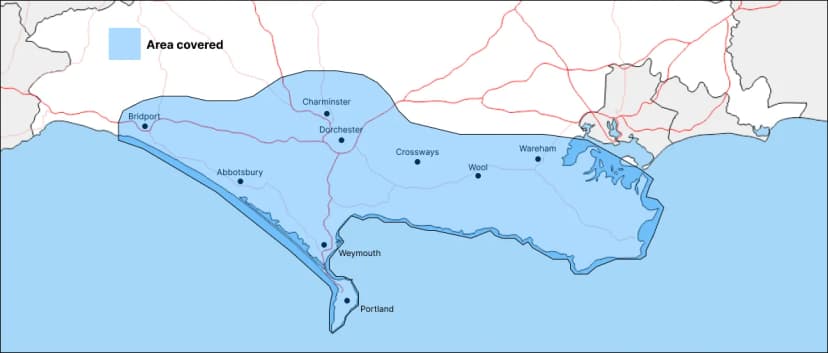 Map showing our service area covering Dorchester, Bridport, Wareham, Crossways and surrounding areas in Dorset